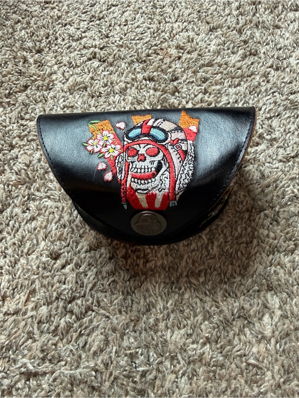 Vintage Ed Hardy Black Sunglass Case with Colorful Embroidered Skull Pilot